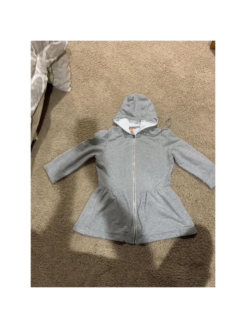 Women's LUCY full zip jacket ruffles hooded L LARGE gray cotton blend 3/4 sleves